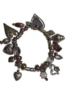 Handmade Mixed Metal Heart Charm Bracelet Silver Gold Copper Beads Unique Charms